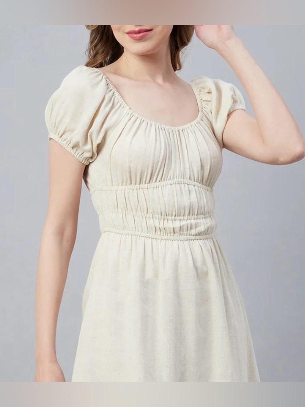 Linen dress - Cream, Puff Sleeve, Smocked Waist, Ankle Length Dress